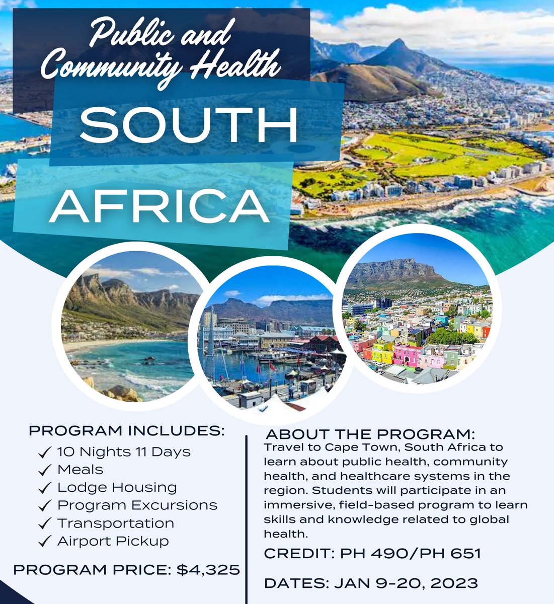 OleMissPH's tweet photo. We are offering a study abroad program this winter! ✈️

From January 9-20th 2023, we will travel to Cape Town, South Africa to learn about the country's public health system. 

Applications are due 10/5/22. For more information, visit the program website: https://t.co/S4G2QJWbbm https://t.co/RYTg4gsIrQ