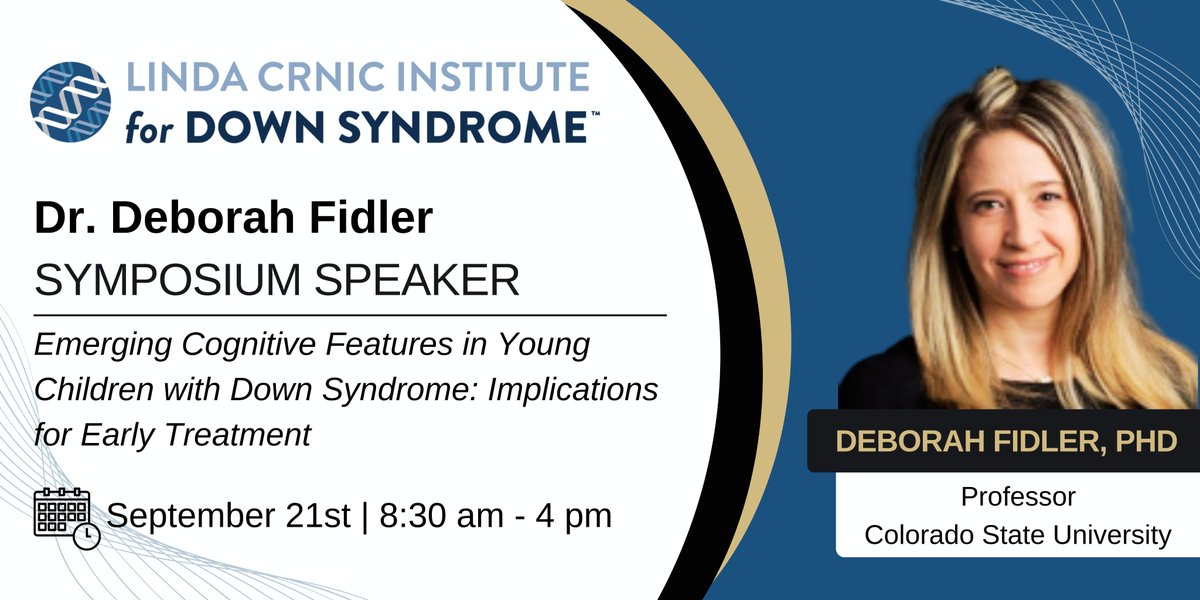 CrnicInstitute's tweet photo. Deadline to register for our Crnic Institute Down Syndrome Research Symposium is 9/16!
https://t.co/zVkRradpRO
@ColoradoStateU Professor, Debbie Filder, PhD, will speak about cognition in children with #Downsyndrome and early interventions.
#CrnicSymposium #DSResearch https://t.co/ANB0kFbFQj