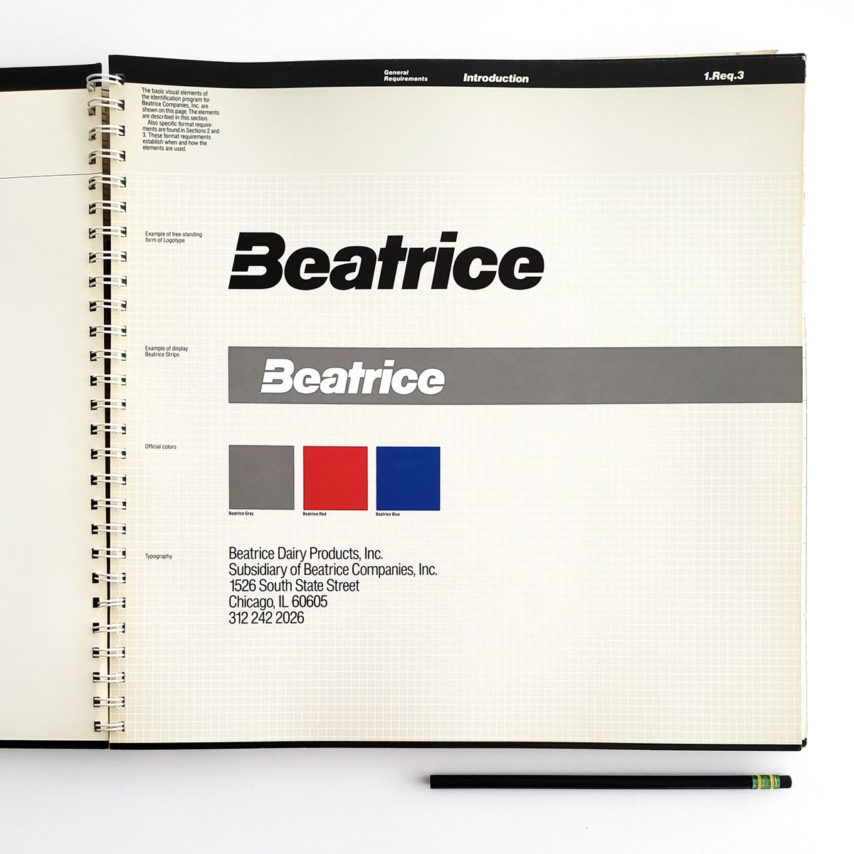 VignelliCenter's tweet photo. It'd #ManualsMonday! Today's manual is for diversified food company, Beatrice (1984). Logo by Jeff Rich. From our Special Collections, donated by Bill Bonnell. #DesignArchives #StandardsManual Read more: https://t.co/qSAnsJsRqg https://t.co/yZsPiZ7eeW
