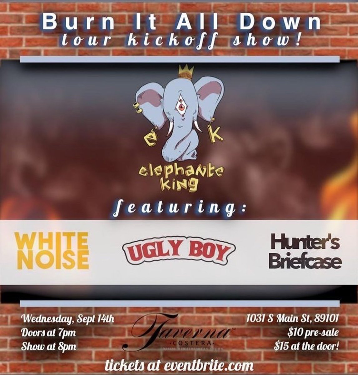 WEDNESDAY NIGHT ON THE ROOF: Elephante King (<a href="/elephanteking/">Elephante King</a>) debut tour kickoff show with an #omfg lineup including White Noise, Ugly Boy, and Hunter’s Briefcase.