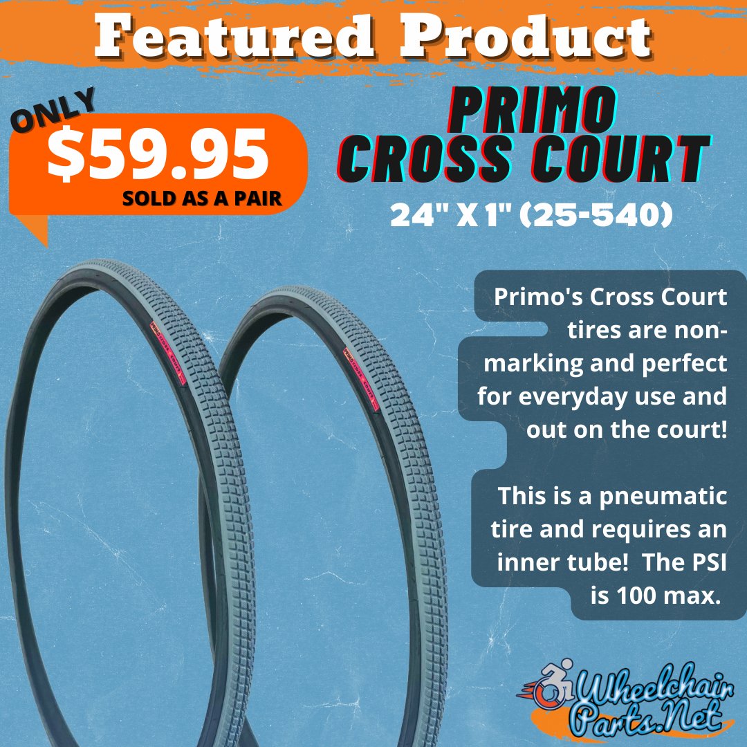 🎇Spotlight series continues with our Primo Cross Court 24” x 1” Tire!🎇 

These Primo tires are non-marking and perfect for everyday use and on the court!

The Spotlight item price is $59.50 for a pair! 🤯

👀 Want to see this product and see more: tinyurl.com/WCPPrimoCross