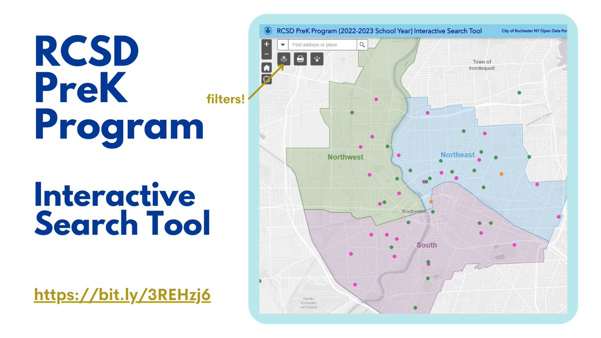 InnovationROC's tweet photo. In the spirit of back-to-school, here's a tool to find RCSD Pre-K programs! https://t.co/uUdpZO0tog
You can use the app to find programs near your home, filter for bi-lingual services, programs for 3-yr-olds and wrap-around care.
#rcsd #upk #prek #map #servicefinder #school https://t.co/Vwp5QCMOCM