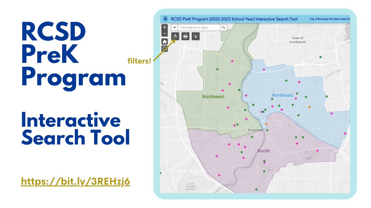 In the spirit of back-to-school, here's a tool to find RCSD Pre-K programs! bit.ly/3REHzj6 You can use the app to find programs near your home, filter for bi-lingual services, programs for 3-yr-olds and wrap-around care. #rcsd #upk #prek #map #servicefinder #school