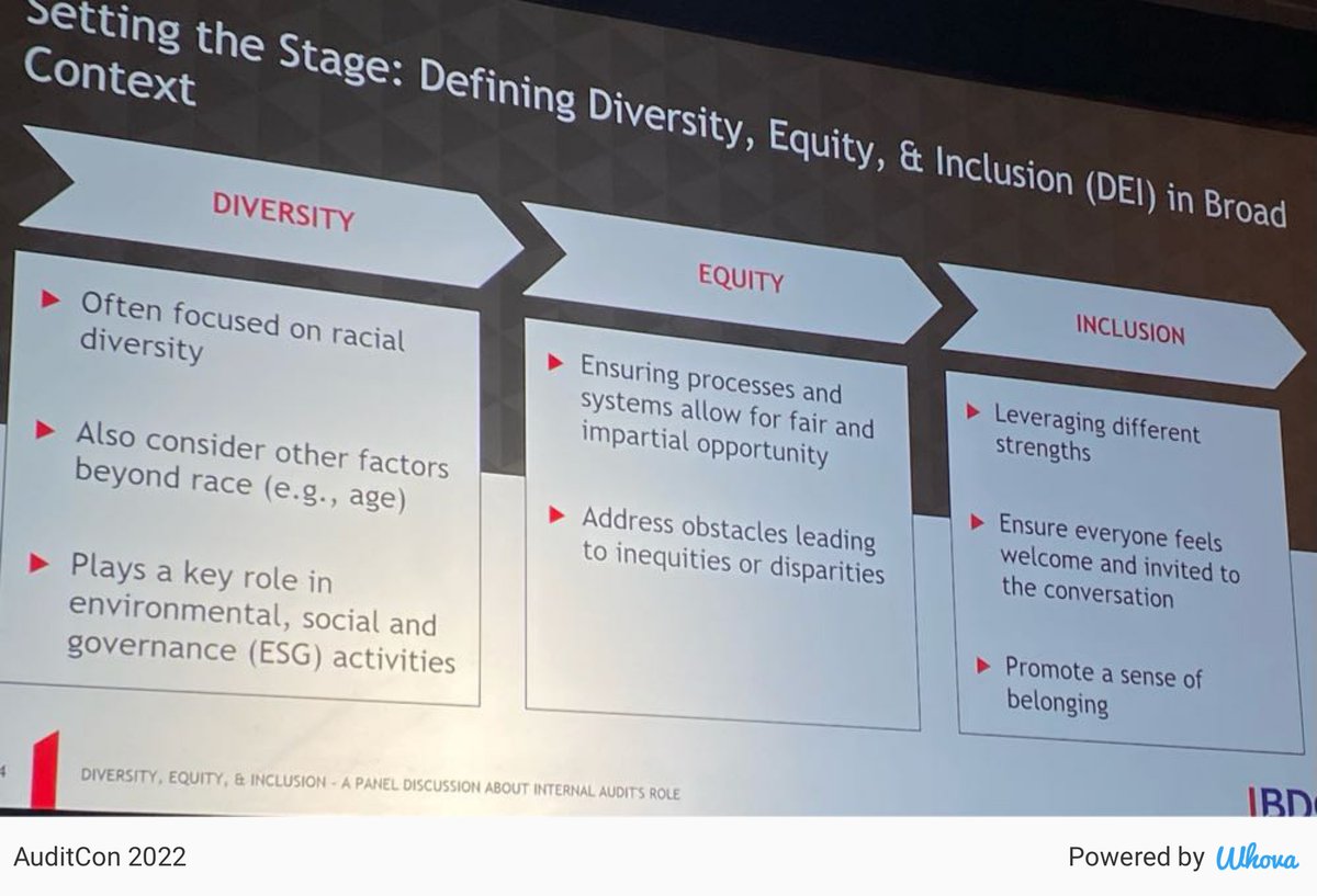Appreciated great “cliff notes” summary of DEI &amp; ESG compliance landscape. Perfect amount of detail to set the stage for panelist discussion #AUDITCON2022 #ACUA via Whova event app whova.com/whova-event-ap…
