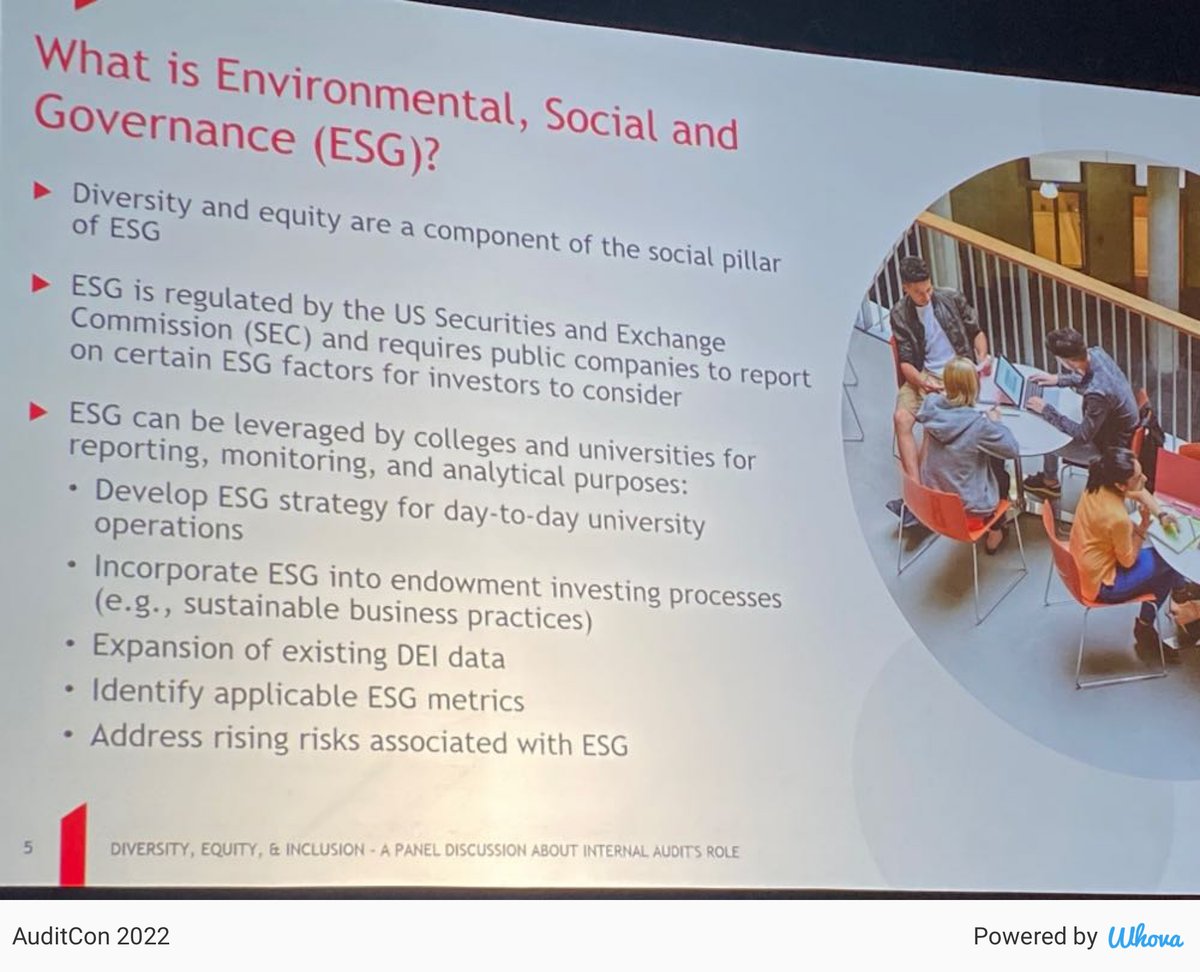Appreciated great “cliff notes” summary of DEI &amp; ESG compliance landscape. Perfect amount of detail to set the stage for panelist discussion #AUDITCON2022 #ACUA via Whova event app whova.com/whova-event-ap…