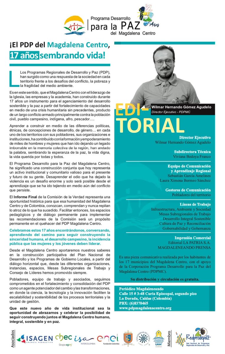 PDPMCentro's tweet photo. Te invitamos a leer la editorial de la edición 109 del periódico Magdaleneando: "¡El PDP del Magdalena Centro, 17 años sembrando vida!" escrito por nuestro director ejecutivo, Wilmar Hernando Gómez Agudelo.
Encuentra esta y otras ediciones en: https://t.co/4kSLM3Fcm8
#PDPMC https://t.co/hnrDi5eIhO