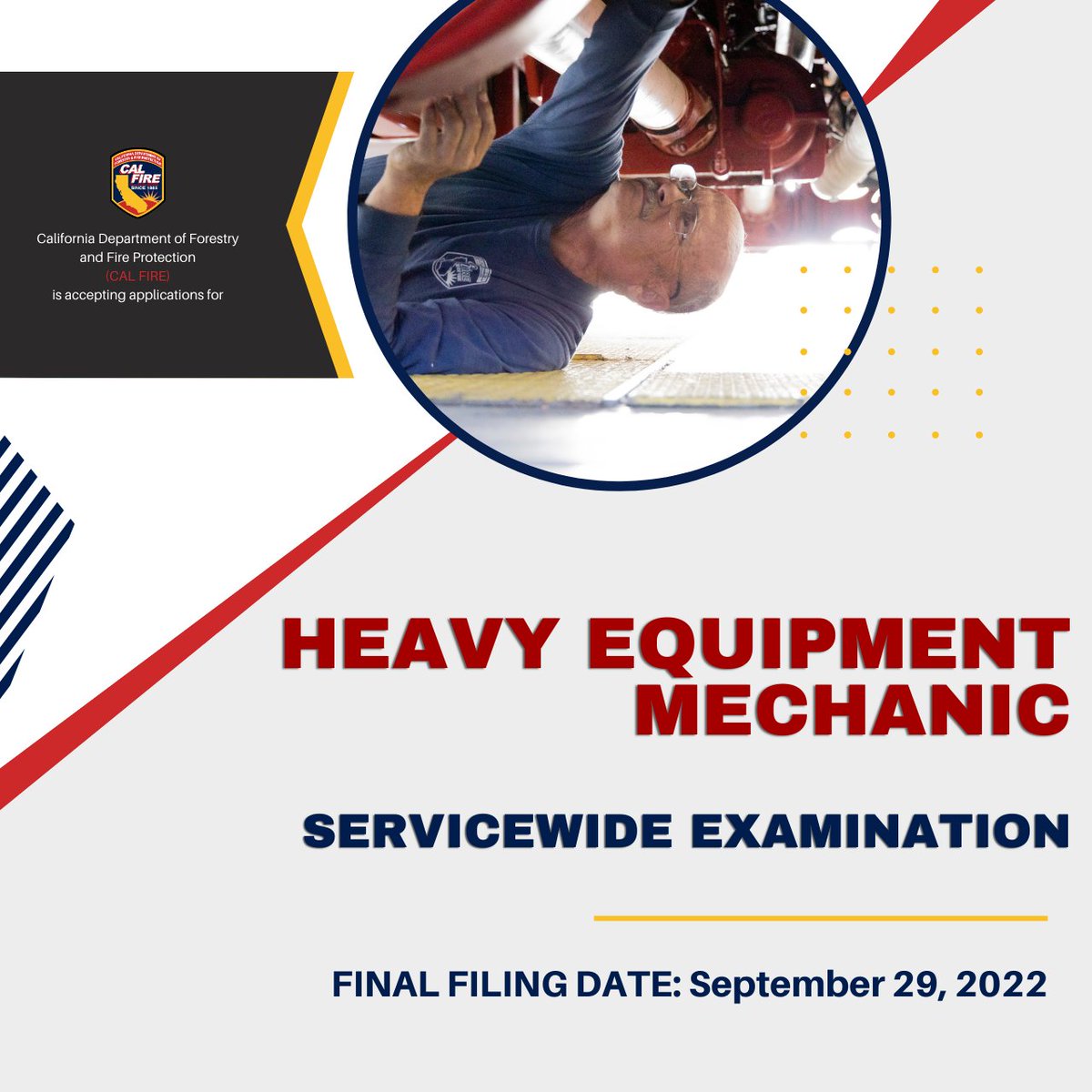 Do you have mechanical experience on gas and diesel powered trucks or heavy construction equipment? Apply for the Heavy Equipment Mechanic service wide examination. We are accepting applications until September 29, 2022. Click the link below!
calcareers.ca.gov/JOBSGEN/2FS32.…