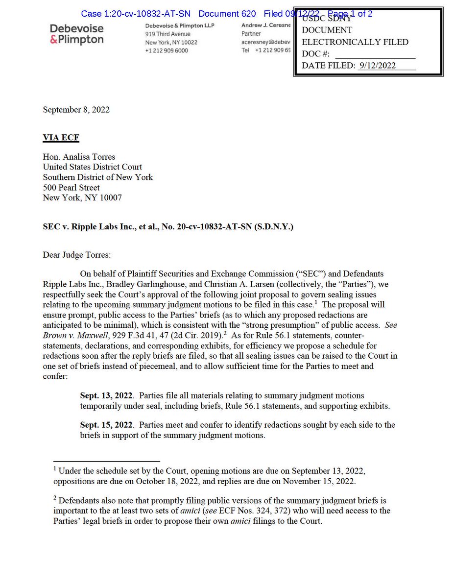 FilanLaw's tweet photo. #XRPCommunity #SECGov v. #Ripple #XRP District Judge Torres has approved the parties' joint scheduling proposal to govern sealing issues relating to the upcoming summary judgment motions. https://t.co/Tm34kZwi2f