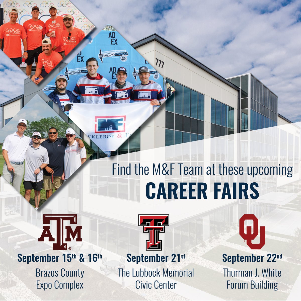 MuckleroyFalls's tweet photo. Come find the M&F Team at the upcoming Career Fairs! π·πΌ We look forward to meeting the students at Texas A&M, Texas Tech, and the University of Oklahoma and share our passion for the construction industry! π
#MandFWay #BuildingSimplified #MandFWay https://t.co/pX51si1smc
