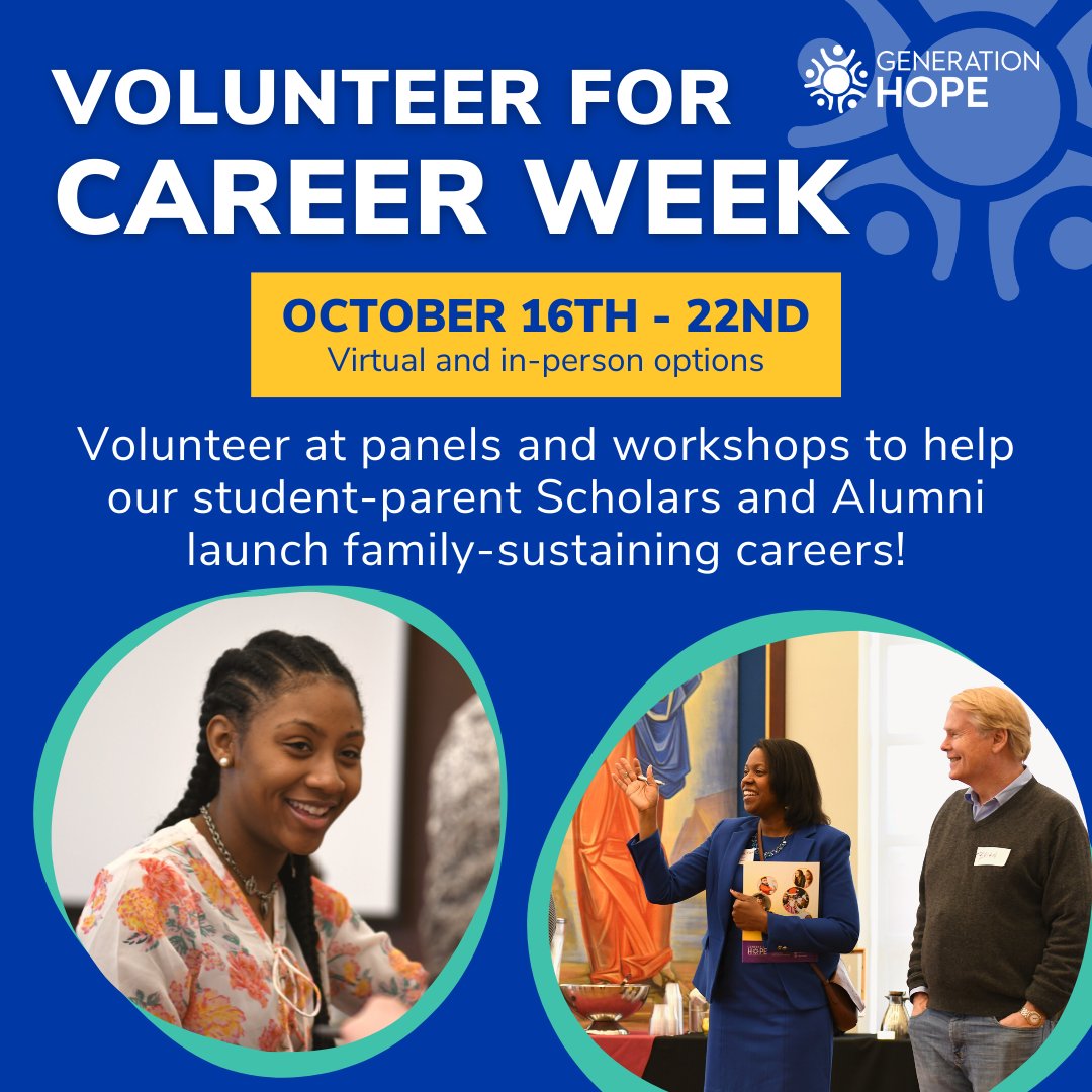 SupportGenHope's tweet photo. Career Week, one of our favorite events, is back, and we’re looking for volunteers! This series of workshops and panels gives our #StudentParent Scholars and Alumni the chance to explore industries, network, and build #CareerReadiness skills. Learn more: https://t.co/Hh2ISBV3tt https://t.co/x3mw0i7uBQ