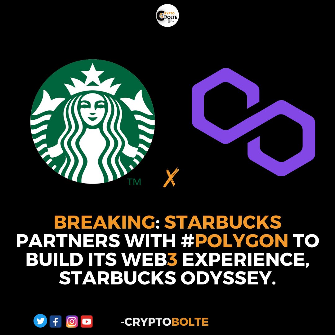 Crypto_Bolte's tweet photo. BREAKING: #Starbucks partners with #Polygon to build its Web3 experience, #StarbucksOdyssey
#cryptobolte #Cryptocurency #Web3 https://t.co/ivBi7hQ2xS
