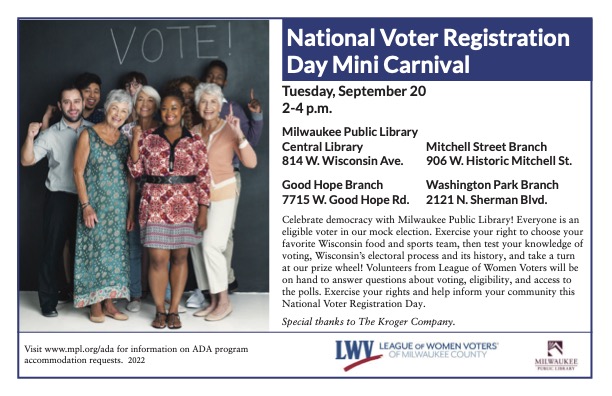 WritersforDA's tweet image. 📢We're excited to announce our new #BookTheVote partner: @MilwaukeePubLib! 

Check out their National Voter Registration Day Mini Carnival, where @jackilyden will be representing WDA at Central Library. Come celebrate democracy, and bring friends and family!