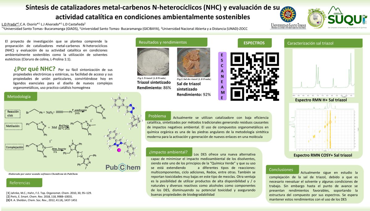 LizPradaR's tweet photo. Hola comunidad @suqui2022 este es mi trabajo: “Síntesis de catalizadores metal-carbenos N-heterocíclicos (NHC) y evaluación de su actividad catalítica en condiciones ambientalmente sostenibles"  #suqui2022 #MatP25 https://t.co/bBYIzgwQlu