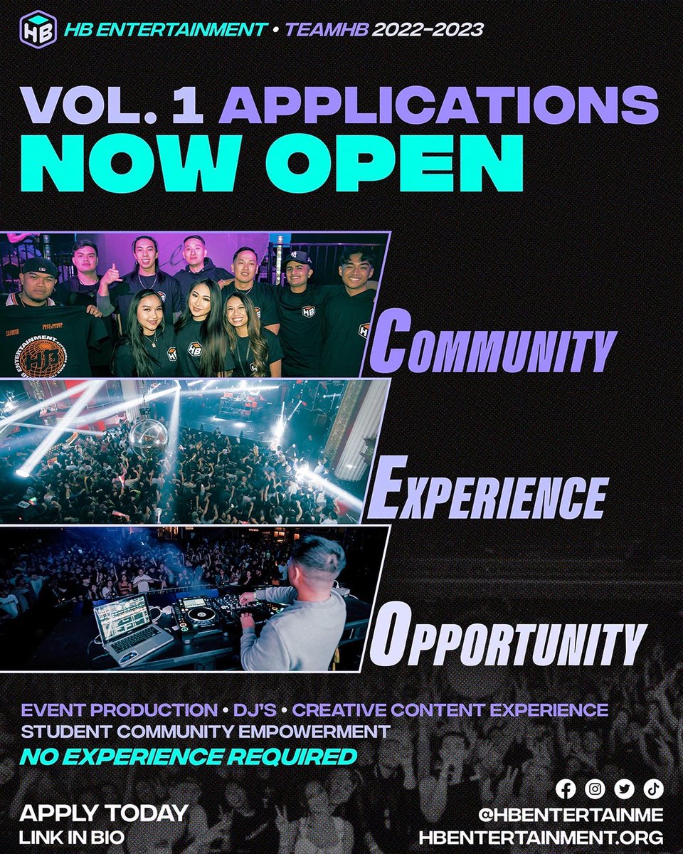 hbentertainme's tweet photo. Interested in joining a supportive community of creators and get involved with live event production?TEAMHB VOL.1 applications are OPEN NOW!! Apply today and be a part of the HB community experience 🥳 
Deadline to apply will be Friday, Sep30th!! Link in bio. https://t.co/YbVohxkRGH