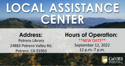 Cal_OES's tweet photo. REMINDER: The Local Assistance Center in @SanDiegoCounty for the #border32fire is open today only, beginning at noon. Local, state, federal, and non-profit agencies will be available to offer recovery support services. https://t.co/rUD1Byy56a https://t.co/fbkgWkE84z