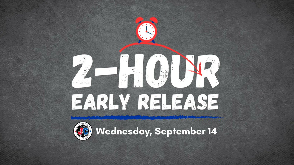 JC Schools will dismiss 2 hours early on WED, SEPT. 14. Bus routes will run 2 hours earlier than normal. District staff will use the 2 hours to work collaboratively on things such as curriculum, studying student achievement data, and professional development. #WeAreJCSchools