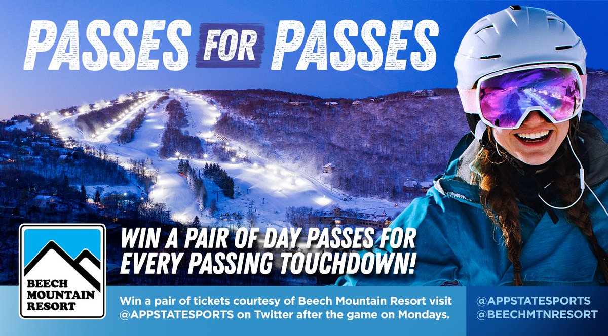 appstatesports's tweet photo. It's that time of the week again! We have one pair of day ski passes from @BeechMtnResort to give away today after one @AppState_FB touchdown pass this weekend. Retweet for your chance to win from 1-2 p.m. #PassesforPasses https://t.co/TqMqhzDjOg