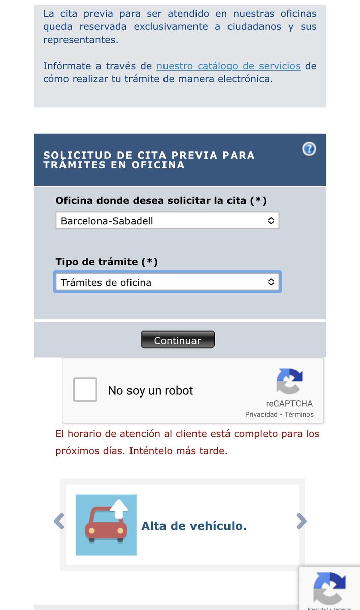 MariaOlmo10's tweet photo. @DGTes @InformacionDGT Hace mas de un medio (y no es una exageración) que intento pedir cota previa y siempre hay la misma respuesta. Por teléfono tampoco. Me podéis decir como se consigue esa hora mágica? No me parece ni medio normal... https://t.co/0tTJ1ovvV6
