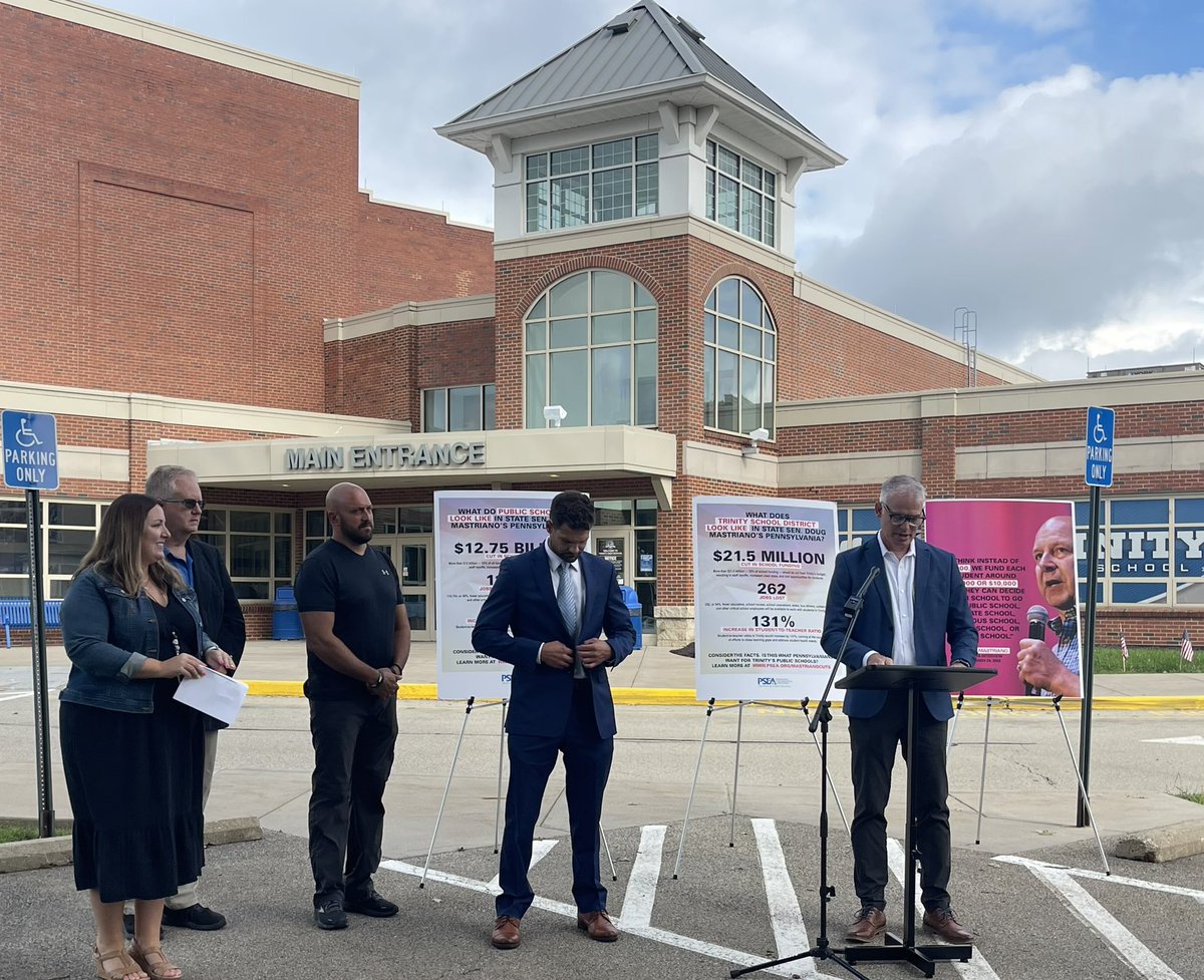 Speaking at Trinity High School to express how devastating Sen. Mastriano’s education plan would be for the students of Washington, PA. The community can’t afford to lose 262 professional and support professional staff.#Mastrianocuts