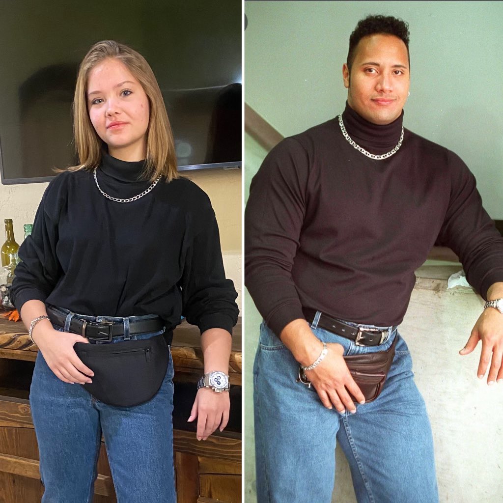 jblaylock07's tweet photo. Baby girl at “dress like your favorite celebrity” day! Let’s see if it makes it to @TheRock 🤞🏻 @PatMcAfeeShow @WWE https://t.co/yI9sYGRIbF