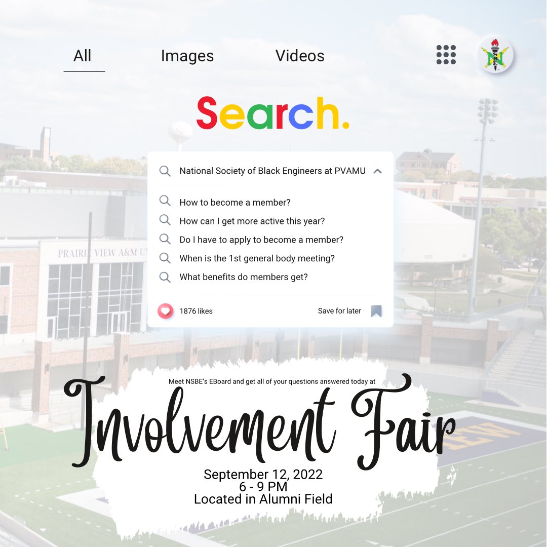 YOUR HUMAN SEARCH ENGINES🔎

Why search for answers when we’re here to help?! Bring your list of questions to ask us today at Involvement Fair! Meet us at our table in Alumni Field at 6PM! 
Need directions? DM US⚙️✨
#NSBE #PVNSBE #PVAMU