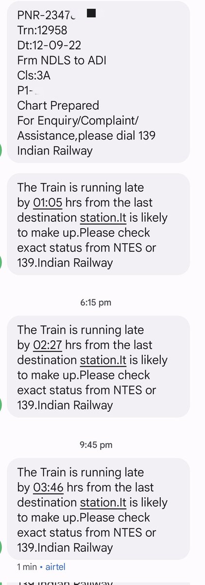 Lucky8687's tweet photo. I hv booked the tkt for travelling in S J Rajdhani to ADI from NDLS. Just before I starting my Journey, I found the msg twice of times and now at running train from Railway, the train are running late, 1:05, 2:27 &amp; then 3:46 hrs late.
@RailMinIndia @AshwiniVaishnaw TrainNo. 12598 https://t.co/QW2t2xO8Ed