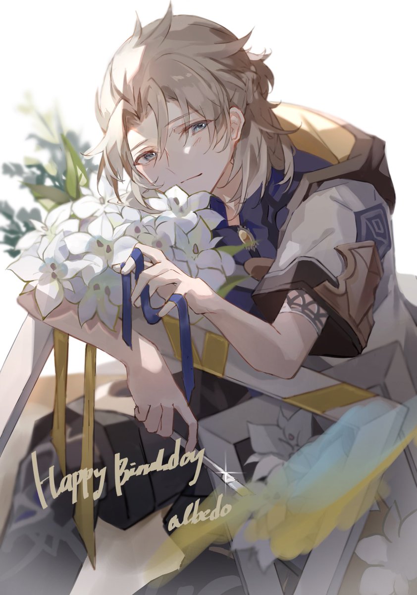 albedo (genshin impact) 1boy male focus happy birthday flower solo bouquet birthday  illustration images