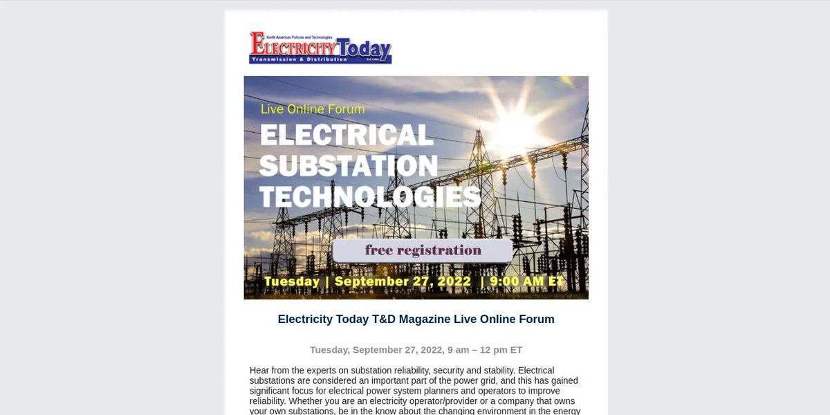 Power Electrical Industry!  Interested in gaining knowledge on Substation Technologies?  No cost to you. Register for our live, online forum, listen to the experts and be able to ask questions in a live setting.   buff.ly/3xlb2q3