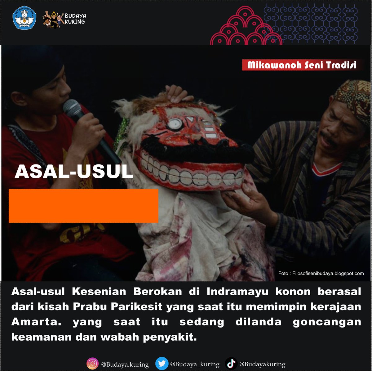 budaya_kuring's tweet photo. Pemprov Jawa Barat telah menetapkan daftar warisan budaya tak benda (WBTB) untuk tahun 2022. Sebanyak 37 warisan, mulai dari kesenian hingga upacara adat. 
Salah satunya berasal dari Kabupaten Indramayu yaitu berokan.

Yuuu lihat sekilas pembahasan kangmin pads gambad ya 😊 https://t.co/sLwXKYTlYs