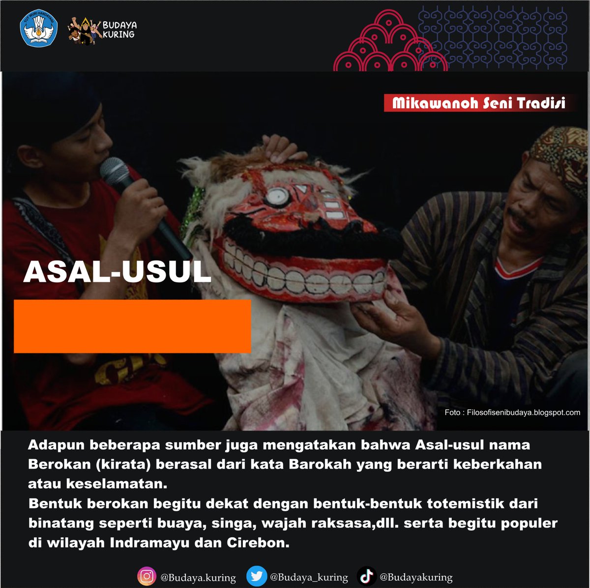 budaya_kuring's tweet photo. Pemprov Jawa Barat telah menetapkan daftar warisan budaya tak benda (WBTB) untuk tahun 2022. Sebanyak 37 warisan, mulai dari kesenian hingga upacara adat. 
Salah satunya berasal dari Kabupaten Indramayu yaitu berokan.

Yuuu lihat sekilas pembahasan kangmin pads gambad ya 😊 https://t.co/sLwXKYTlYs