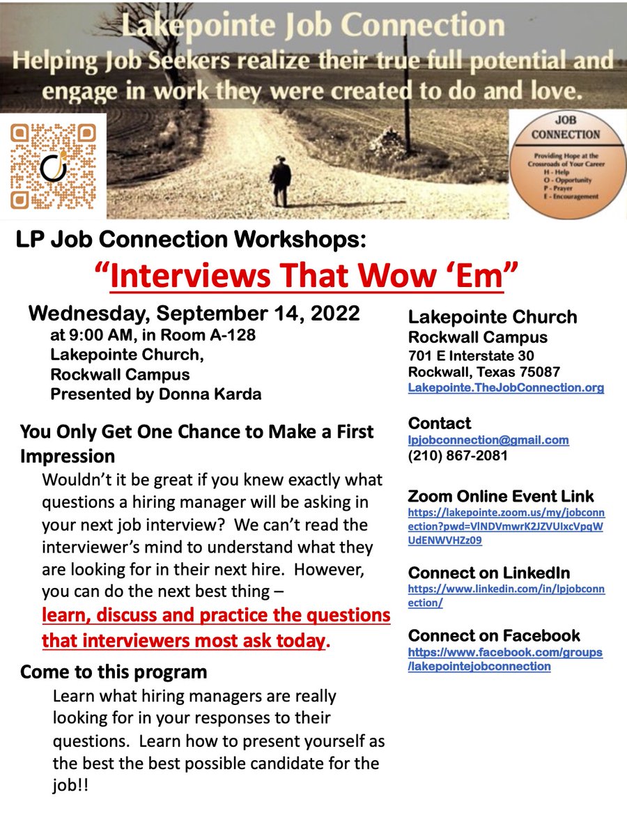 lpjobconnection's tweet photo. Join us at our next meeting – 
“Interviews That Wow ‘Em”
Wednesday, September 14, 2022, at 9:00 AM 
Room A-128, 701 E Interstate 30, Lakepointe Church
Website https://t.co/gXQZTZ1O8h
LinkedIn https://t.co/MAnaufEjci https://t.co/L8hwVShIQZ