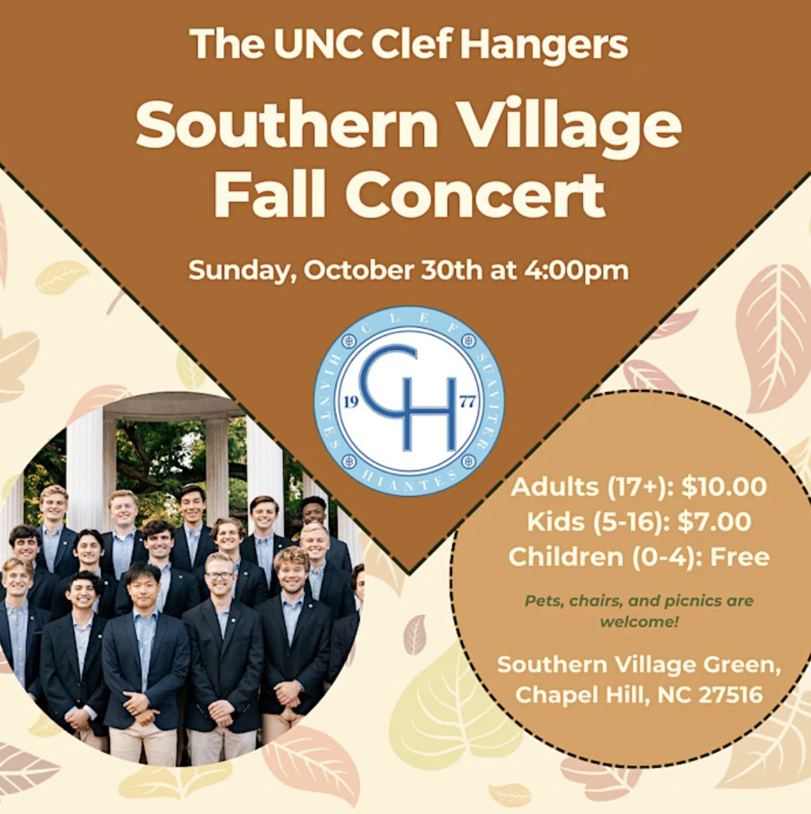 SouthernVillage's tweet photo. We are thrilled to welcome The UNC @clefhangers and the @7DeadlyBibs back to the Southern Village Green October 30th! A fun event for all ages! Purchase your tickets today! https://t.co/pbGg5s37UE 

#southernvillage #chapelhill #UNC #clefhangers #livemusic https://t.co/RSOmRx7QOL