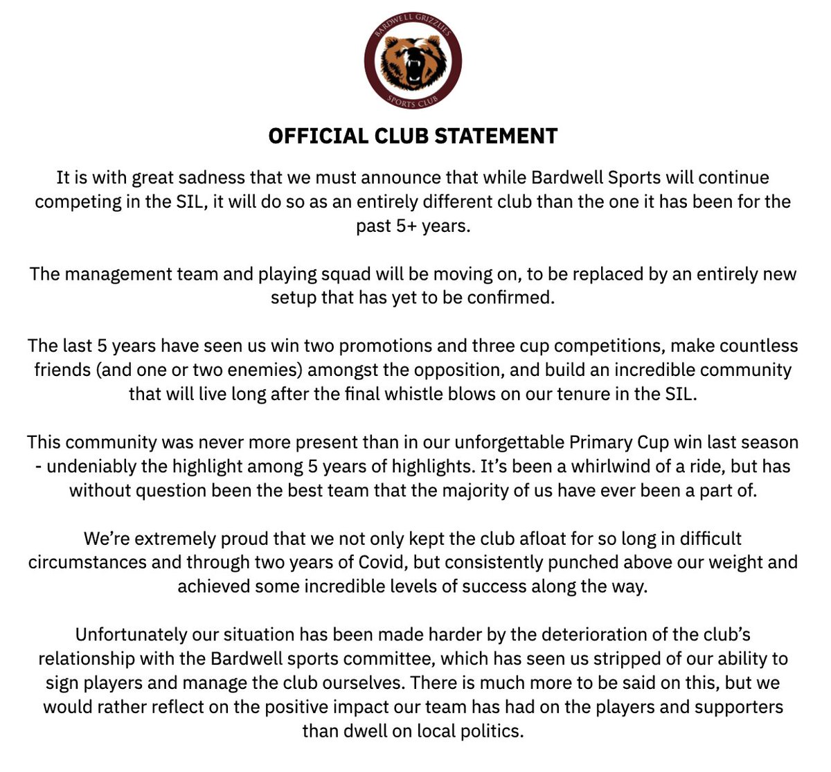BardwellSC's tweet photo. Official club statement on the end of an era. https://t.co/UsRin4dnP2