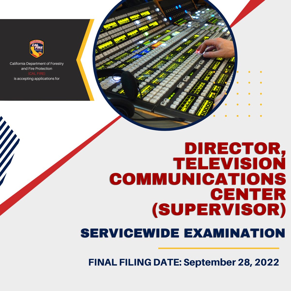 Do you have four years of experience in motion picture or television communications production? Apply today for the Director, Television Communications Center (Supervisor) service wide examination. Click the link below for more information!
calcareers.ca.gov/JOBSGEN/2FS33.…