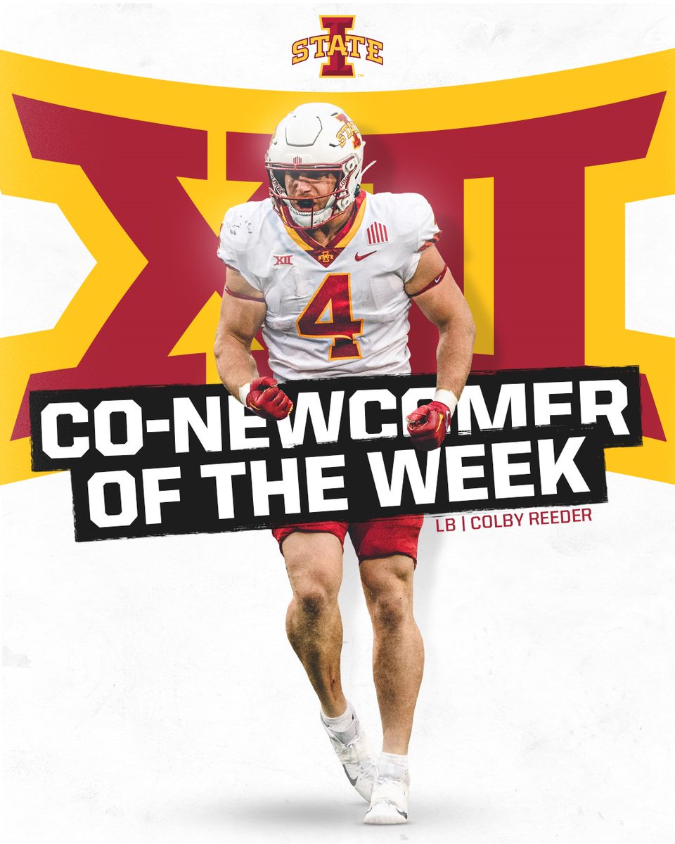 Iowa State Football (@cyclonefb) on Twitter photo 💥𝐌𝐚𝐤𝐢𝐧𝐠 𝐏𝐥𝐚𝐲𝐬💥
<a href="/ColbyReederLB4/">Colby Reeder</a> is Big 12 Conference Co-Newcomer of the Week!
cyclones.com/news/2022/9/12…
🌪🚨🌪 💥𝐌𝐚𝐤𝐢𝐧𝐠 𝐏𝐥𝐚𝐲𝐬💥
<a href="/ColbyReederLB4/">Colby Reeder</a> is Big 12 Conference Co-Newcomer of the Week!
cyclones.com/news/2022/9/12…
🌪🚨🌪