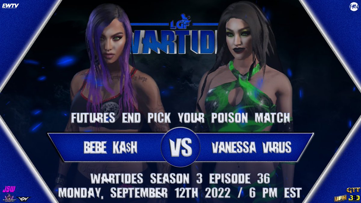 LGFederation's tweet photo. ☠️Bebe Ka$h vs Vanessa Virus (Future’s End Pick Your Poison)
🔵Blake Evans vs Kareem Parker 
❔Cheryl Sage vs X
🥇End of Heartache vs Blood Money Inc (WarTides Contender Match for the LGF World Tag Team Championships) - MAIN EVENT https://t.co/A7bpgRR1IJ