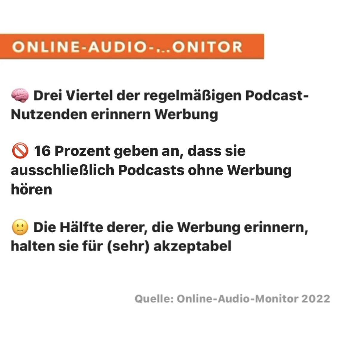BLM_Bayern's tweet photo. Podcast-Werbung kommt gut an: Drei Viertel der regelmäßigen Podcast-Nutzenden erinnern Werbung – ein spitzenmäßiger Recall-Wert, zumal etwa jede achte Person angibt ausschließlich Podcasts ohne Werbung hören. #OAM22 https://t.co/HoXizeKsnk