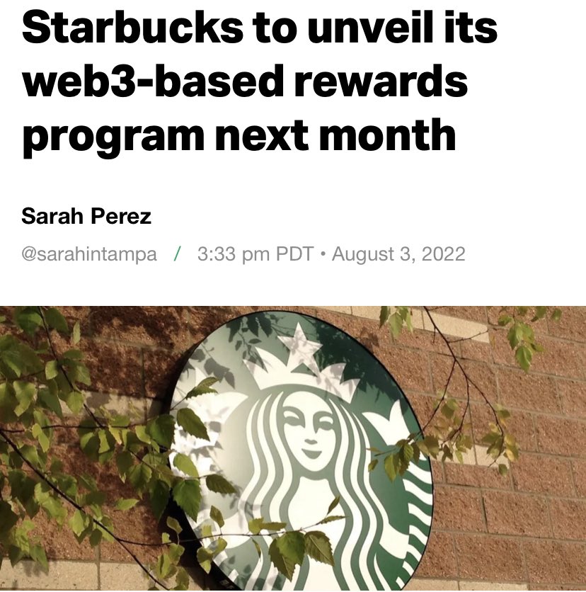 nft4noobs's tweet photo. 🚨Just announced: @Starbucks to launch NFTs this year, offering access to ‘unique experiences and benefits’ 👀 https://t.co/eFcskEaP6G