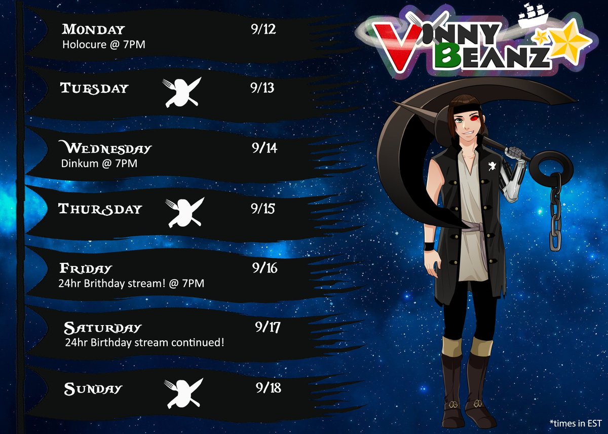 Ahoy! We have a special schedule this week as I am a Birthday Beanboy! We will be celebrating with a 24hr stream Friday into Saturday! Before then I will be posting about some fun goals and events planned for the stream! #twitch #streamer #vtuber #birthday #pirate
