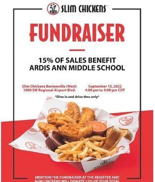 Tired of always coming up with what is for dinner? Enjoy more family conversation time and less prepping time while supporting the Ardis Ann PTO. Spirit Night at Slim Chickens this Thursday, Sept. 15th from 4pm-9pm. Make sure you let them know that you are there for AAMS!