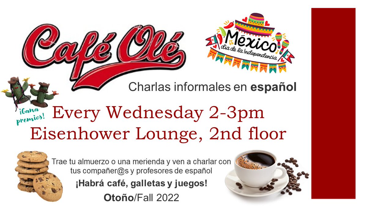 This week SEVEN Latin American countries celebrate their independence! Join us for a special Café Olé this week to celebrate (Wednesday 2-3pm, Eisenhower 2nd floor lounge) and check out Coffee Hour on Thursday this week to learn more about Guatemala! ow.ly/JhgE50KH0fs