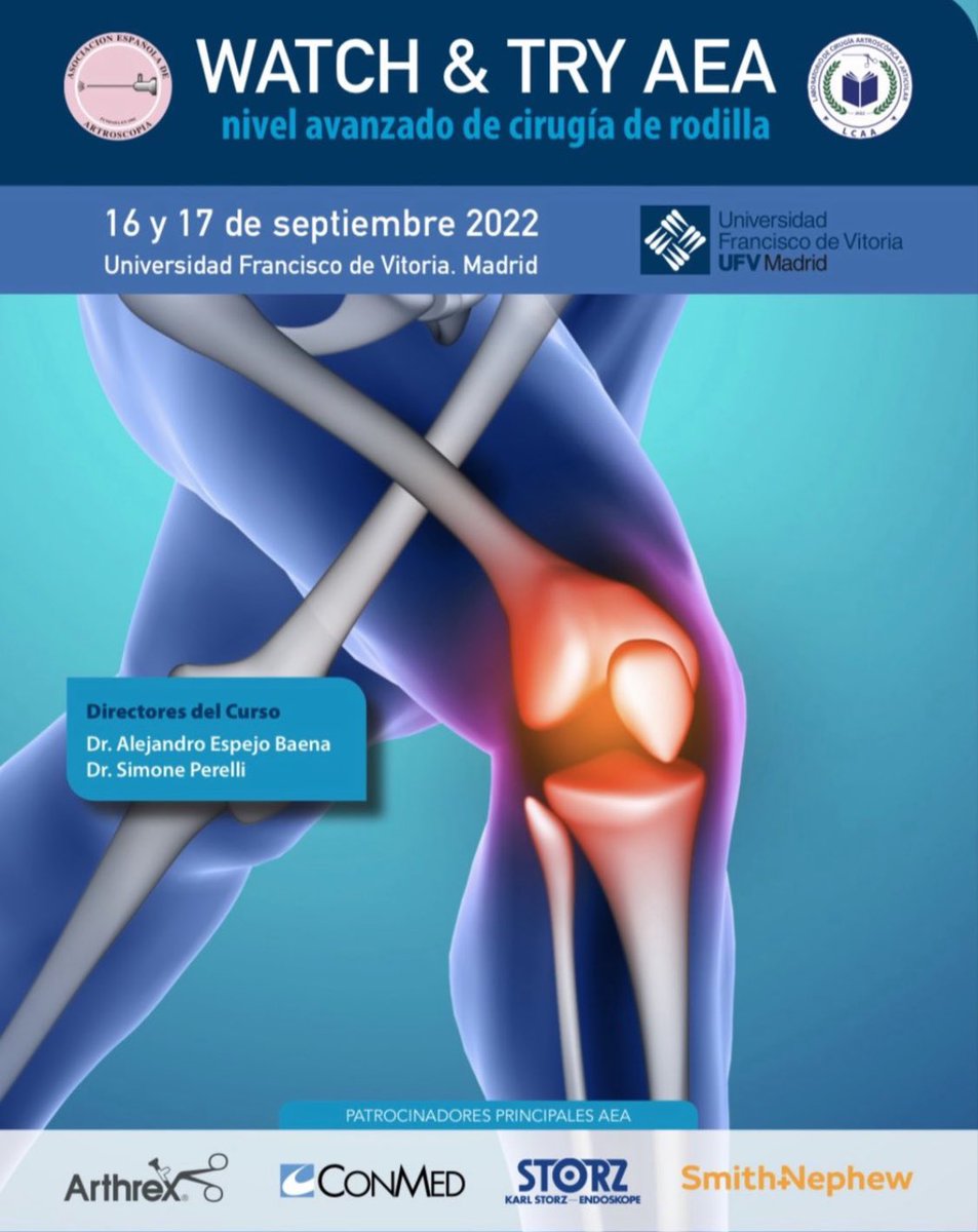 🟣NUEVO CURSO ARTROSCOPIA DE RODILLA 🟣

▪️Tendrá lugar este viernes y sábado 16 y 17 Septiembre Madrid

▪️Consulta Programa aeartroscopia.com/sites/default/…

▪️Inscripción docs.google.com/forms/d/e/1FAI…

‼️NO TE PIERDAS PRÓXIMOS CURSOS‼️