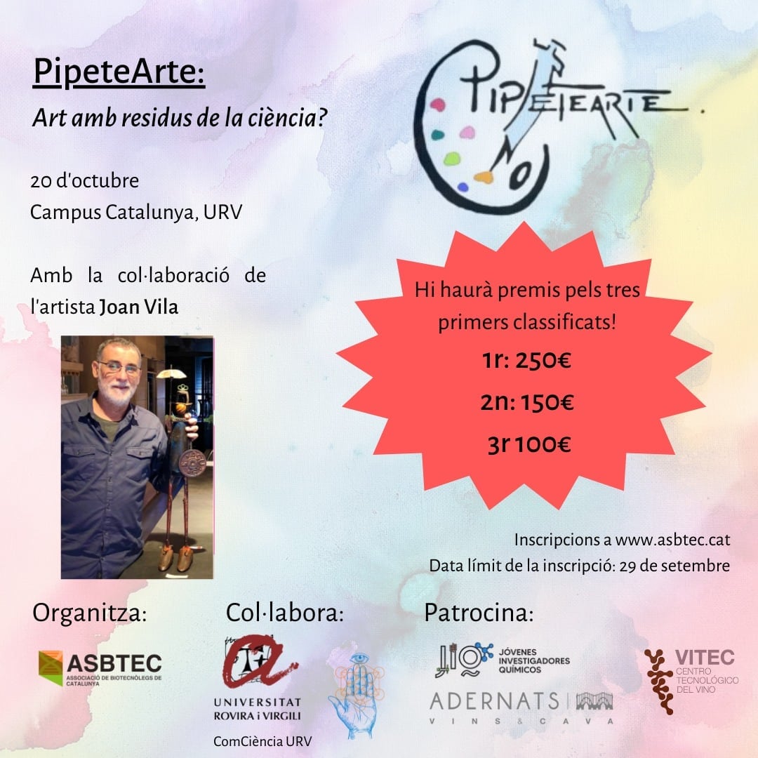asbtec's tweet image. Art, ciència i reciclatge s&apos;uneixen en el concurs #pipetearte!

Transforma els residus de la ciencia en art i guanya fins a 250€!!

Data límit d&apos;inscripció: 29 de setembre
Data del concurs: 20 d&apos;octubre

Més informació a asbtec.cat