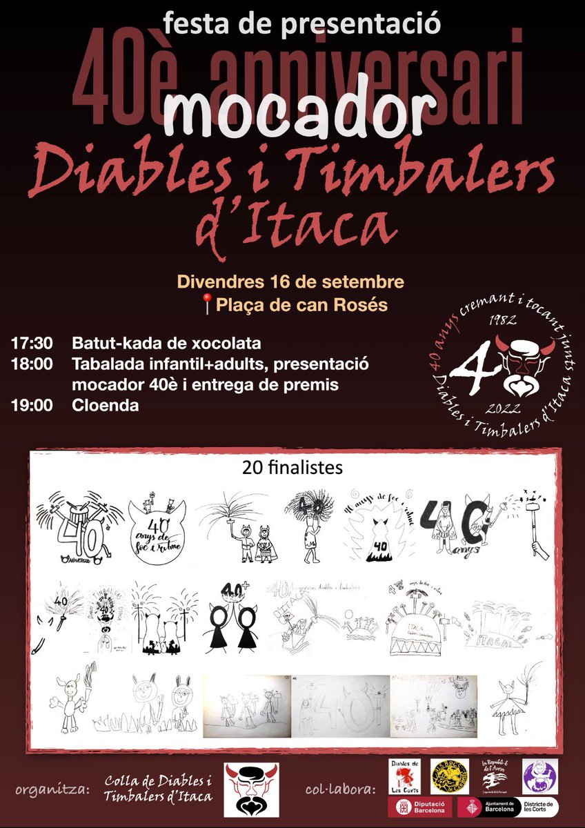 Actualització! no us perdeu la tabalada🥁batut-kada de xocolata🍫 per la presentació del mocador del 40è🎂 i l’entrega de premis🥇🥈🥉🏵🏵 als 20 finalistes del concurs de dibuix🎨on han participat més de 500 infants de P3 a 6è de les Corts👏🏼

📅dv 16-sep 17:30
📍pl. de can Rosés