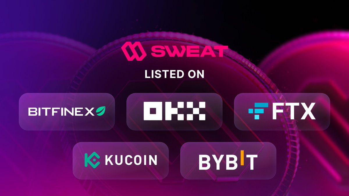 🎉Five of the best exchanges in the world listing SWEAT from day one (13th Sept)!💧

<a href="/okx/">OKX</a> 
<a href="/bitfinex/">Bitfinex</a> 
<a href="/FTX_Official/">FTX</a> 
<a href="/kucoincom/">KuCoin</a> 
<a href="/Bybit_Official/">Bybit</a>