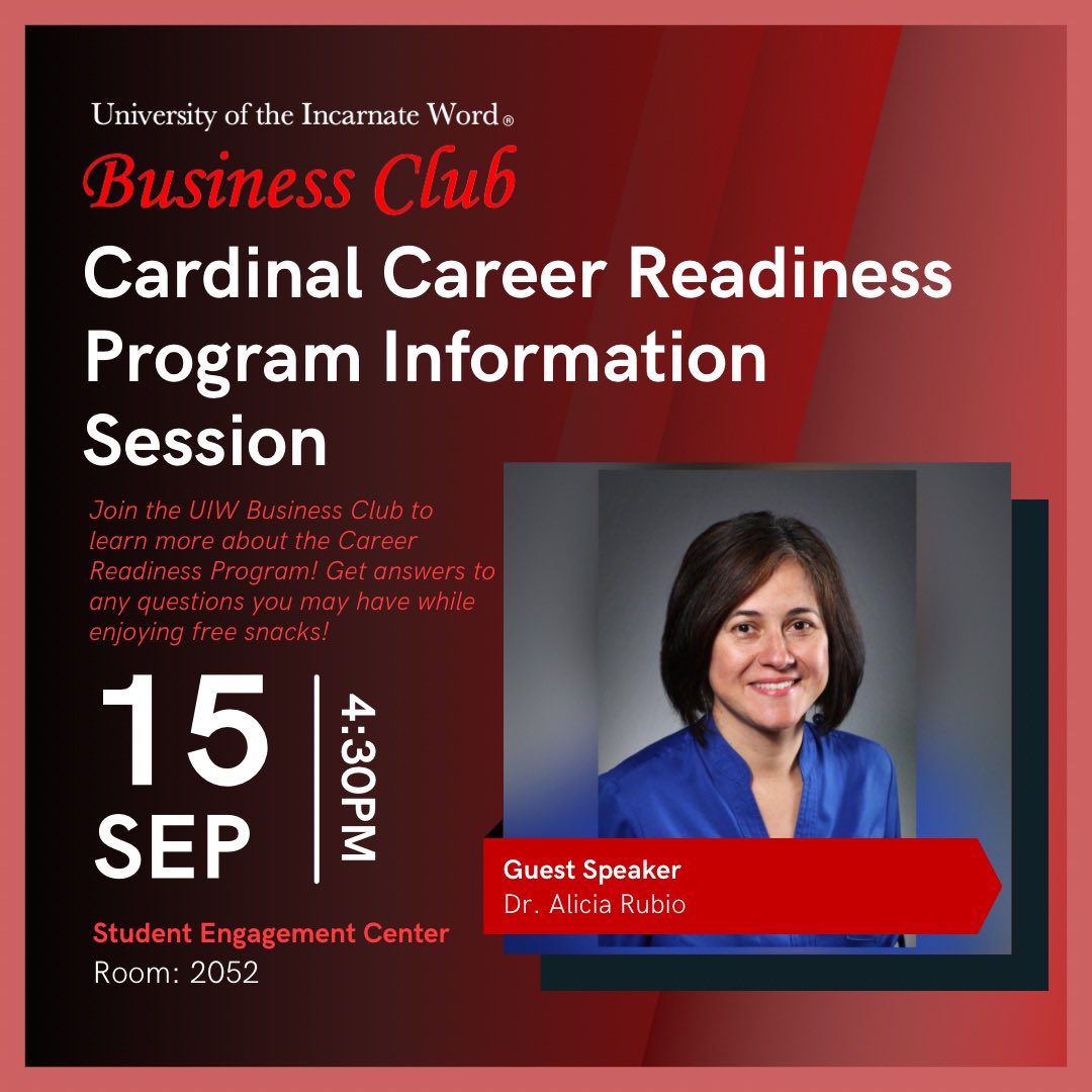 BusinessClubUIW's tweet photo. THIS THURSDAY‼️ 

Join the UIW Business Club on September 15th to learn more about the Cardinal Career Readiness program! Dr. Alicia Rubio will be joining us to provide more information and answer any questions you may have. 💭

📆 September 15th
⏰ 4:30PM
📍 SEC 2052 https://t.co/7bMxDObO4U