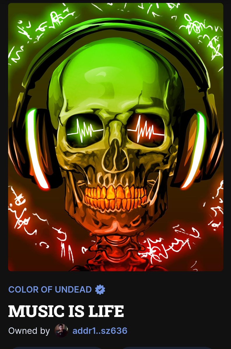 1/1NFT
MUSIC IS LIFE from the Color of Undead collection .available now on <a href="/jpgstoreNFT/">jpg.store</a>  or you can check it out here jpg.store/asset/d5213afb….
grab it now and be the first to own this piece☺.
#CNFT #CardanoADA #NFTs #NFTCommunity #NFTartist #nftcollector #ADA
