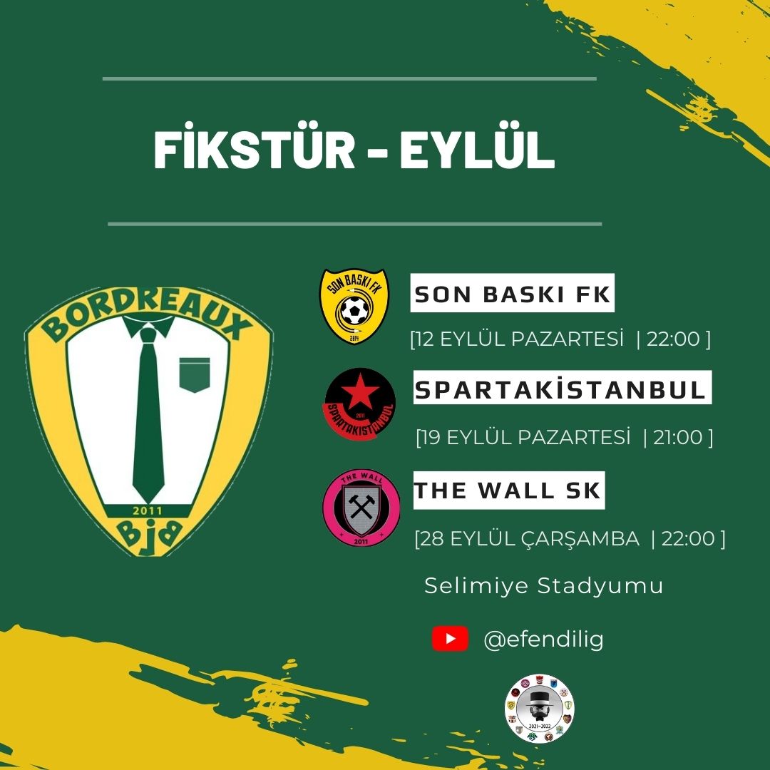 🔔 <a href="/efendilig/">efendilig</a> 'de yeni sezona <a href="/SonBaskiFK/">Futbol Kalemleri</a> karşılaşması ile başlıyoruz! Dostlarımıza başarılar dileriz🤝🏻

🗓 Bordreaux 🆚️ Eylül👇🏻