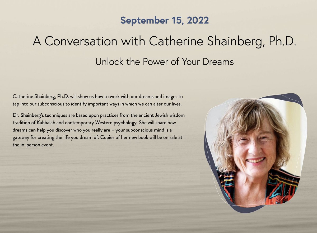 Please join Catherine Shainberg for an intimate, in-person talk at Trinity Spiritual Center in Fairfield CT this Thursday, Sept 15 at 7pm. Click for in-person tickets or to register for the live stream on Zoom: bit.ly/TrinitySpiritu… #manifestation #dreams