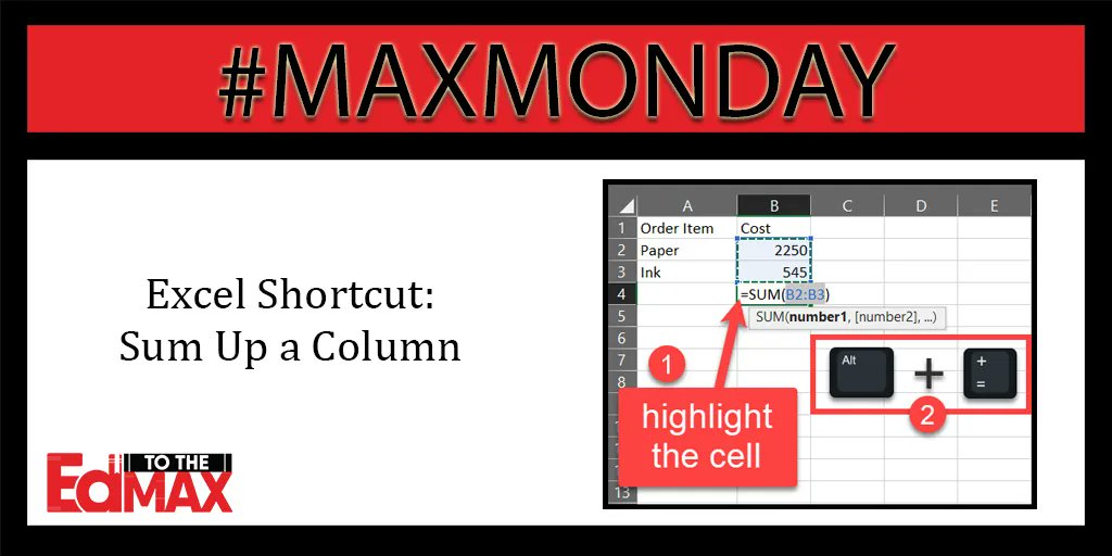 This week's #MAXMonday tip comes from Specialist Paul Wagner: <a href="/pwagnerlcisd/">Paul Wagner</a>. Quickly sum up a column in Excel. Highlight a cell in the column below the data u want to sum. Press Alt and =. It will sum up cells above it.  Find more tips at edtothemax.com.
